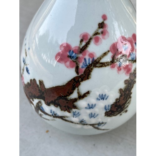 1057 - Japanese celadon hand painted Cherry blossom vase with Nippon characters under. 1930's