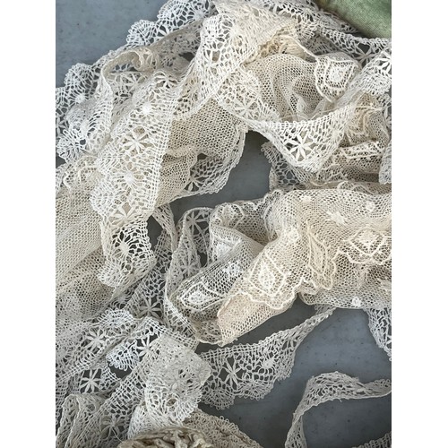 1072 - Antique Victorian Textiles - Rolls of lace edging etc in a satin soft bag