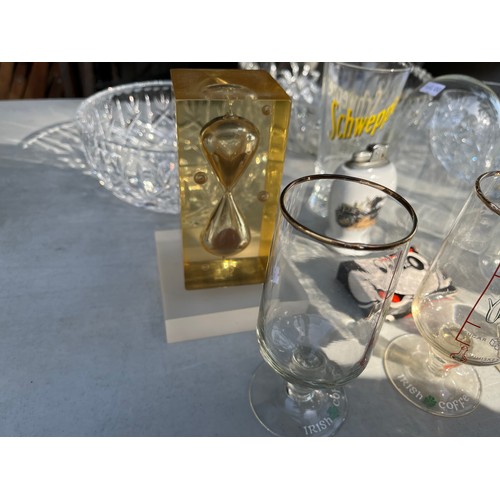 1074 - Crystal and glass including baby glass feeder, egg timer, lighter, Irish coffee glasses and 3 nice f... 