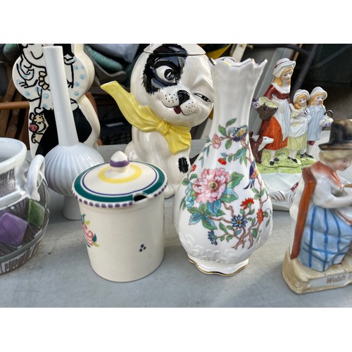 1096 - Ceramics to include cat teapot, Poppi money box, Aynsley, Staffordshire wares and Poole pottery.