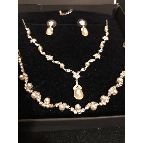 1144 - Wedding jewellery. Jon Richard, CZ and pearl, Necklace, earring and bracelet.