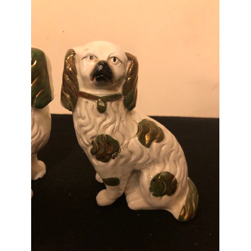 1146 - Pair of Staffordshire Spaniel Dogs with a green lustre.