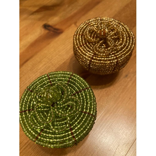 123 - Beaded lidded trinket baskets with insect and flower decoration