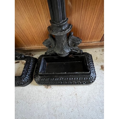 135 - Antique heavy cast iron stick stand and umbrella stand with tray.