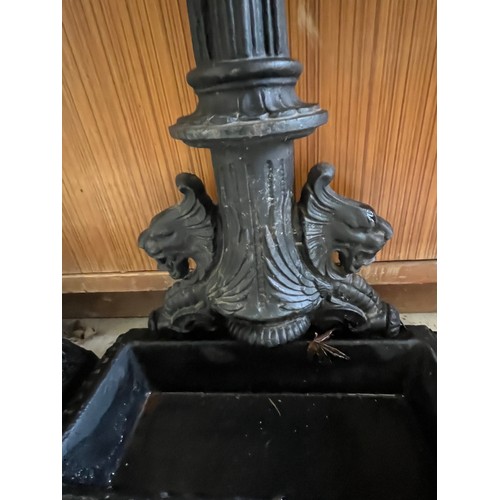 135 - Antique heavy cast iron stick stand and umbrella stand with tray.