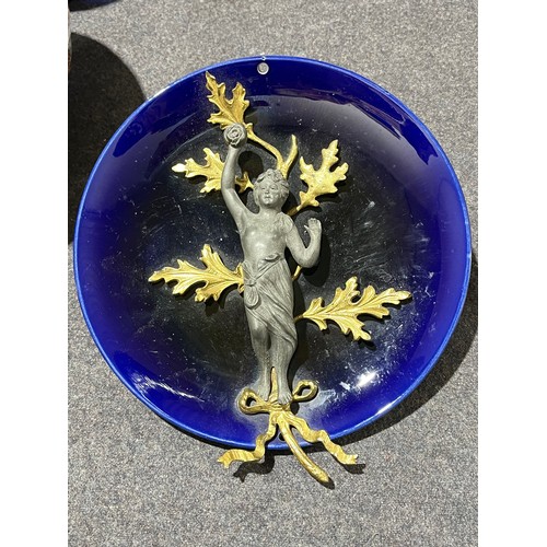 206 - French cobalt blue wall plate with pewter figurine attached.