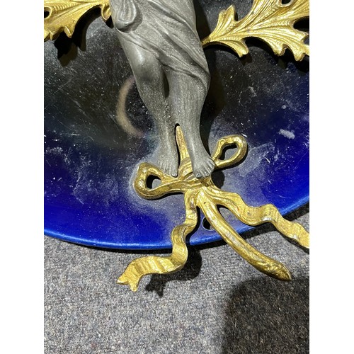 206 - French cobalt blue wall plate with pewter figurine attached.