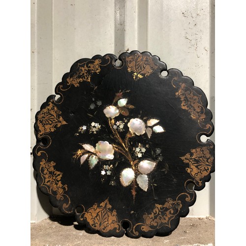 891 - Black painted oriental wall plaque inlaid with mother of pearl