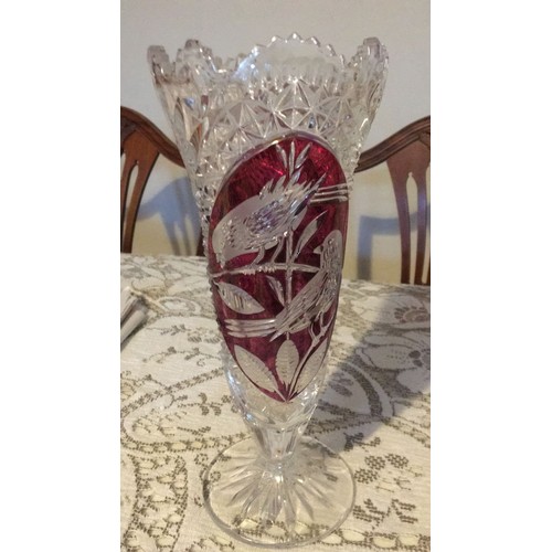 11 - Three pieces of cranberry, glass. Including brides basket, byrdes vase, And flash glass decanter wit... 