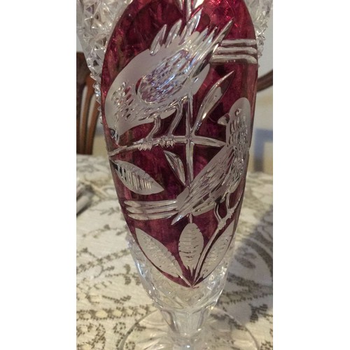 11 - Three pieces of cranberry, glass. Including brides basket, byrdes vase, And flash glass decanter wit... 