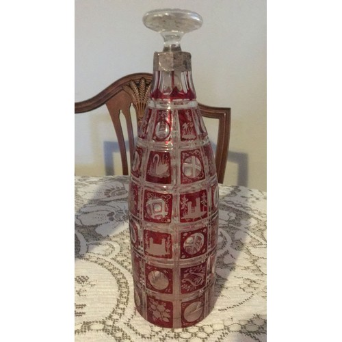 11 - Three pieces of cranberry, glass. Including brides basket, byrdes vase, And flash glass decanter wit... 