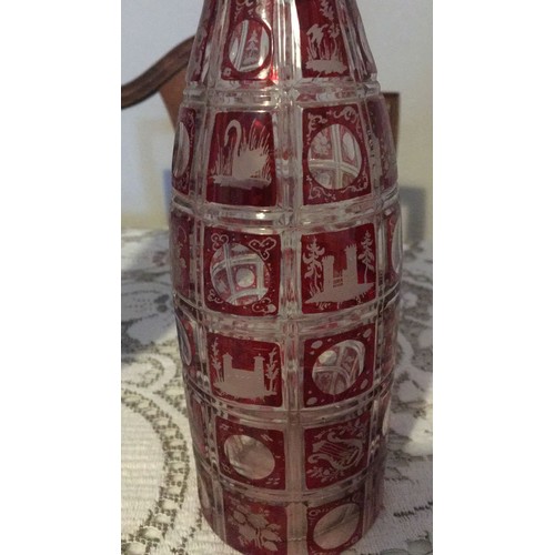 11 - Three pieces of cranberry, glass. Including brides basket, byrdes vase, And flash glass decanter wit... 