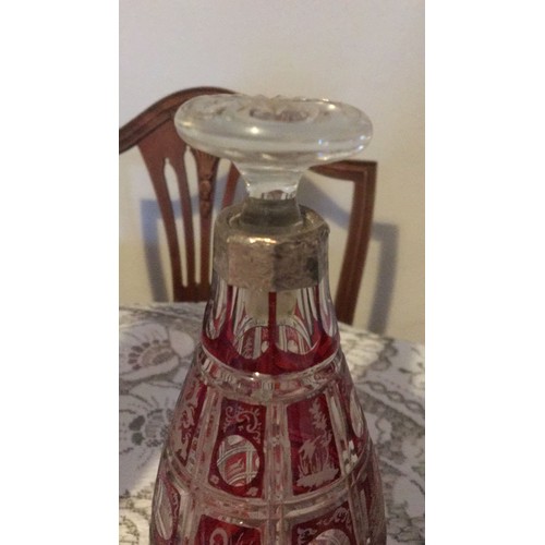 11 - Three pieces of cranberry, glass. Including brides basket, byrdes vase, And flash glass decanter wit... 