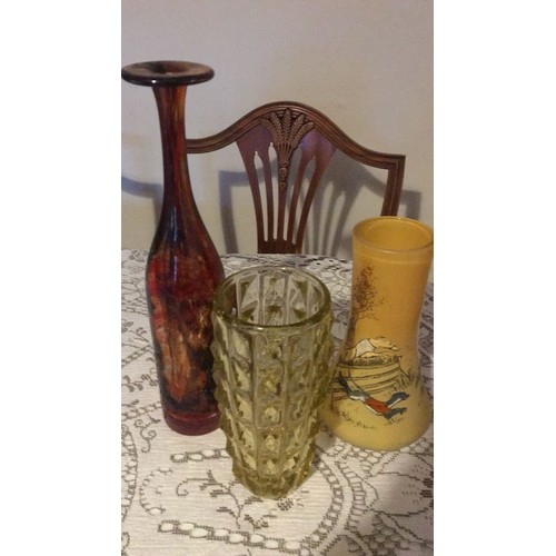 12 - 3 glass Vases. Including Medina bottle base not signed And a handpainted greyhounds, vase signed leg... 