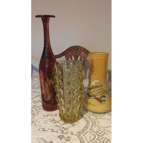 12 - 3 glass Vases. Including Medina bottle base not signed And a handpainted greyhounds, vase signed leg... 