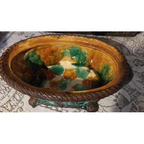 15 - Majolica game pie / rabbits tureen display only has some chips and cracks to base and lid,