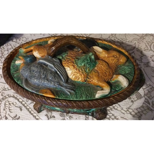 15 - Majolica game pie / rabbits tureen display only has some chips and cracks to base and lid,