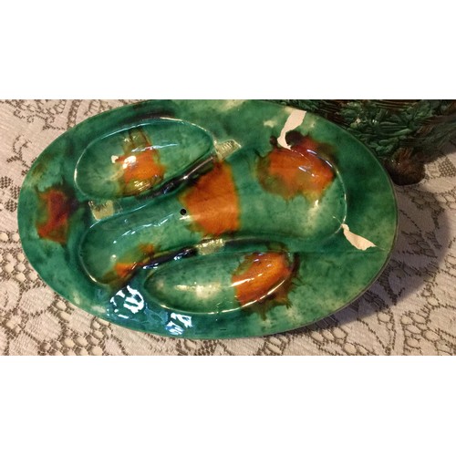 15 - Majolica game pie / rabbits tureen display only has some chips and cracks to base and lid,