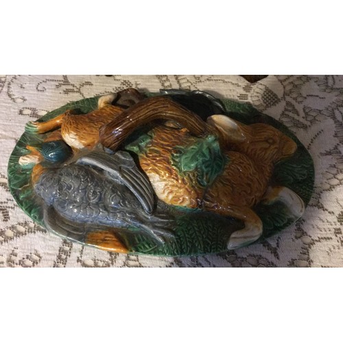 15 - Majolica game pie / rabbits tureen display only has some chips and cracks to base and lid,