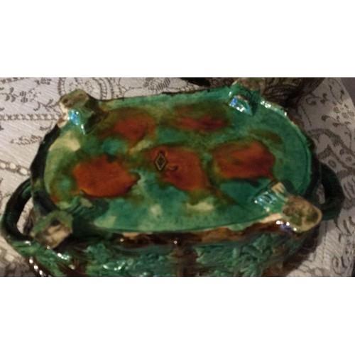 15 - Majolica game pie / rabbits tureen display only has some chips and cracks to base and lid,