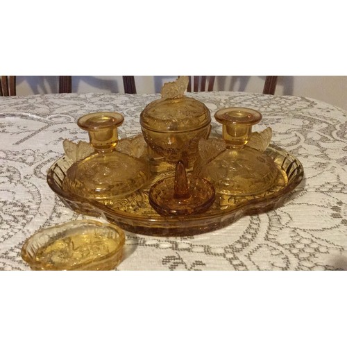 19 - Sowerby art deco Amber Glass dressing table trinket set butterfly design,