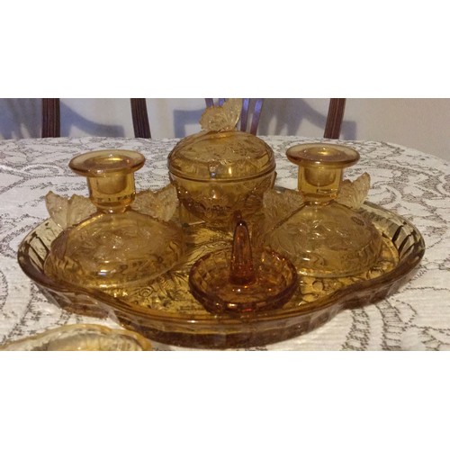 19 - Sowerby art deco Amber Glass dressing table trinket set butterfly design,