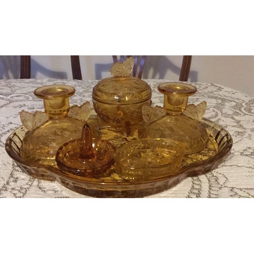 19 - Sowerby art deco Amber Glass dressing table trinket set butterfly design,