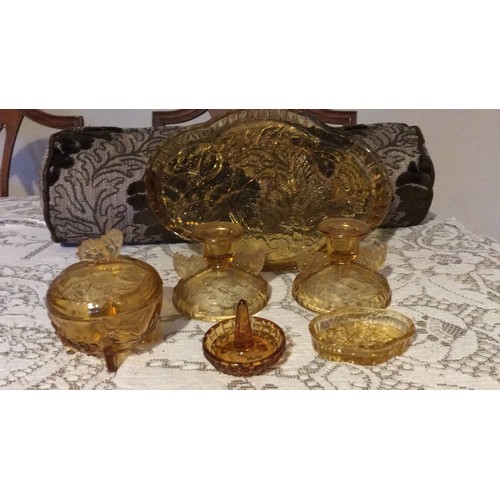 19 - Sowerby art deco Amber Glass dressing table trinket set butterfly design,