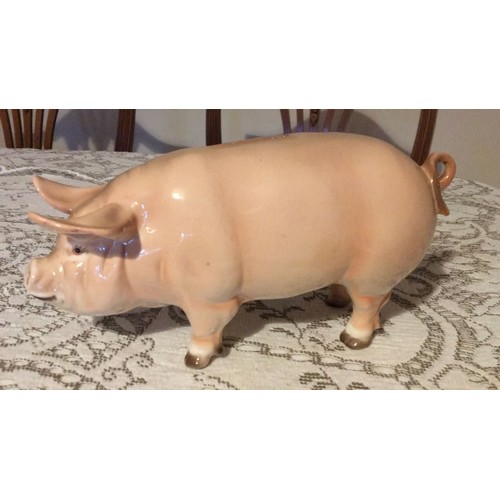 28 - Large, pottery, pig, money box, signed.