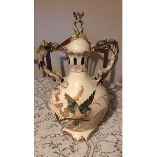 43 - Dragon handled Austrian lidded vase. Firing crack under handle and around base