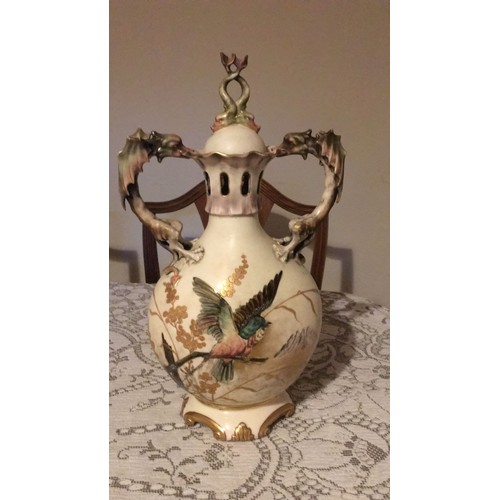 43 - Dragon handled Austrian lidded vase. Firing crack under handle and around base