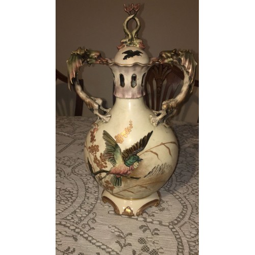 43 - Dragon handled Austrian lidded vase. Firing crack under handle and around base