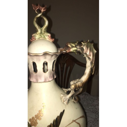 43 - Dragon handled Austrian lidded vase. Firing crack under handle and around base