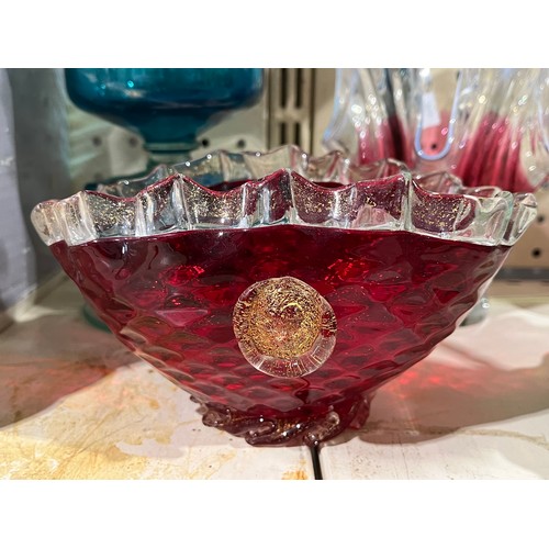 51 - Murano Seguso ruby glass and gold aventurine quilted bowl.