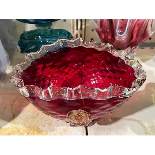 51 - Murano Seguso ruby glass and gold aventurine quilted bowl.