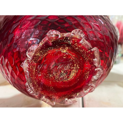 51 - Murano Seguso ruby glass and gold aventurine quilted bowl.