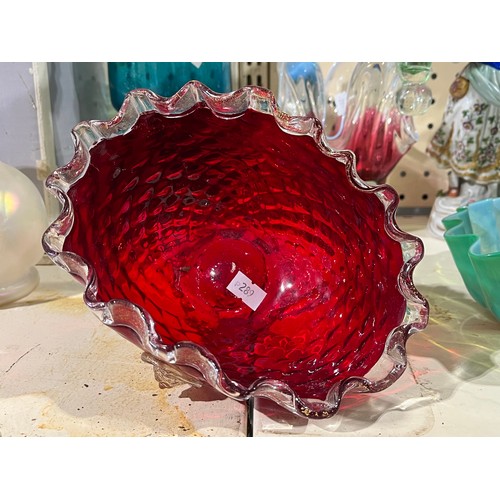 51 - Murano Seguso ruby glass and gold aventurine quilted bowl.