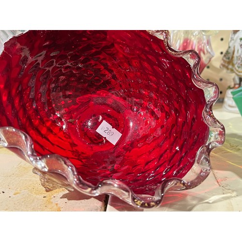 51 - Murano Seguso ruby glass and gold aventurine quilted bowl.