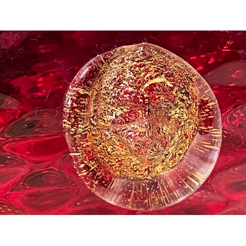 51 - Murano Seguso ruby glass and gold aventurine quilted bowl.