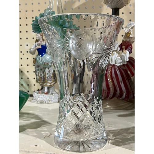 55 - Crystal glass vase with cabbage rose decoration.