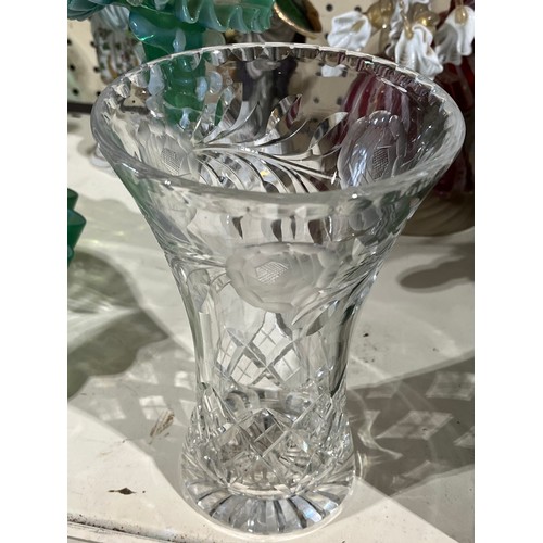 55 - Crystal glass vase with cabbage rose decoration.