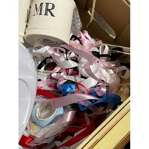 56 - Box of kitchenware including Mr and Mrs mugs, ribbons, bowl, sieve and crystal sundae dishes