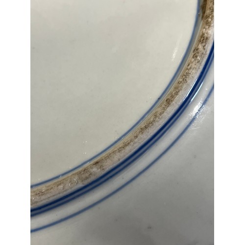 61 - Oriental blue and white platter with bird decoration and blue circular rings under base