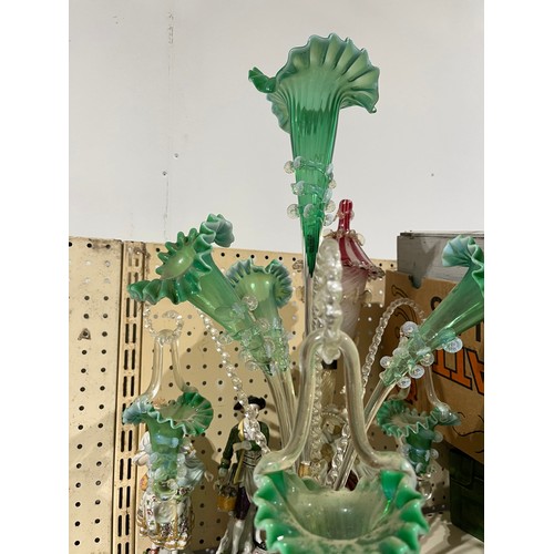 213 - Large green epergne with trumpets and baskets