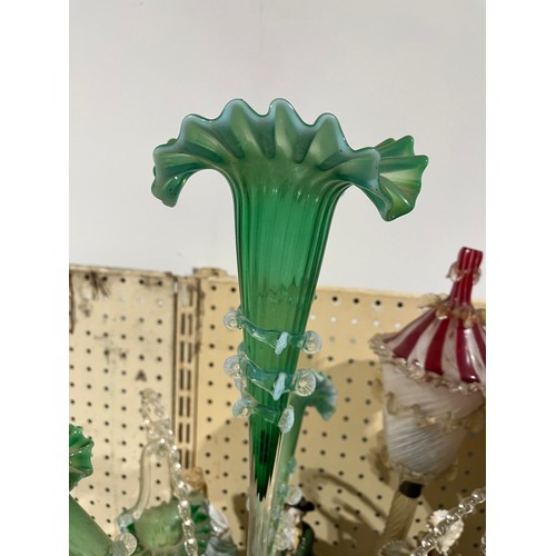 213 - Large green epergne with trumpets and baskets