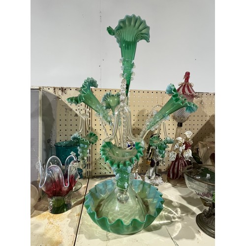 213 - Large green epergne with trumpets and baskets