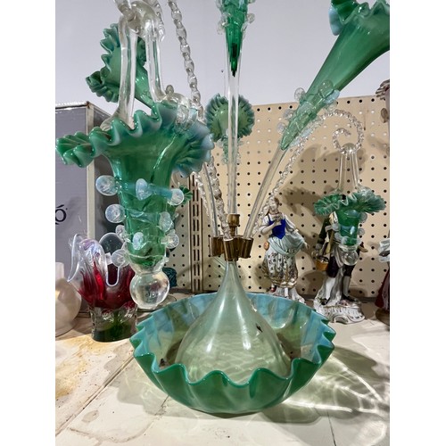 213 - Large green epergne with trumpets and baskets