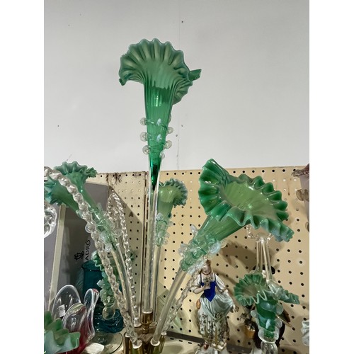 213 - Large green epergne with trumpets and baskets