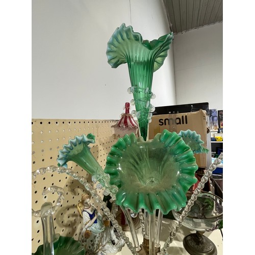 213 - Large green epergne with trumpets and baskets