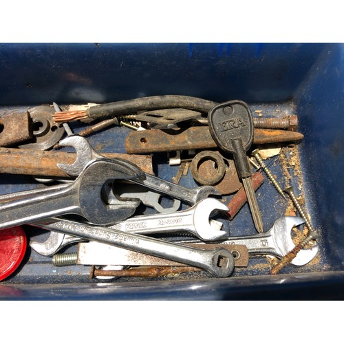 477 - Box of spanners etc including a brass window lock